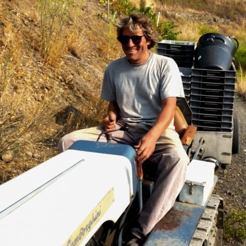 Santi Puig on the tractor in his Vineyard Ca l’Apotecari de Porrera Spain Vineyard 'Los Peres' and ‘Les Eres’ red wine Limited Edition Triaca, the best winemaker in action