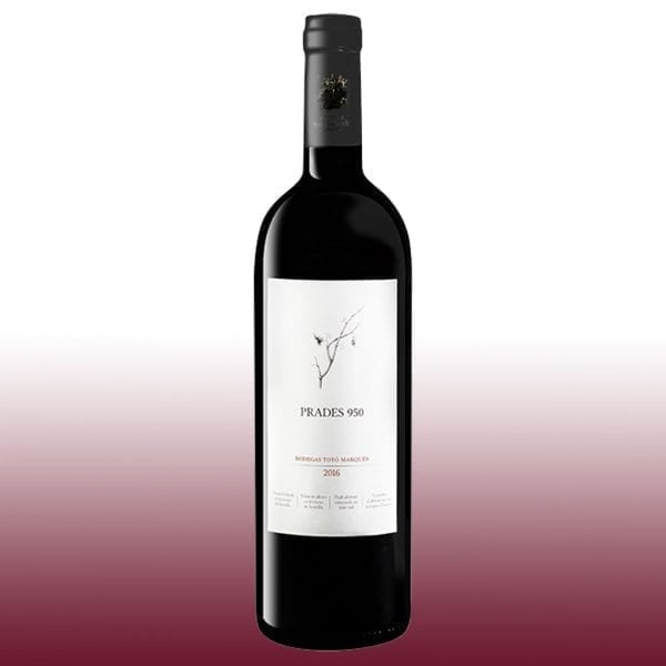 Prades 2016, Rode wijn, 15% Vol., Bodegas Totó Marqués, Gebruikte druiven: Garnacha, Syrah, Pinot Noir en Merlot, 12 maanden op vaten, 3 flessen van 75 cl, voorzijde rood