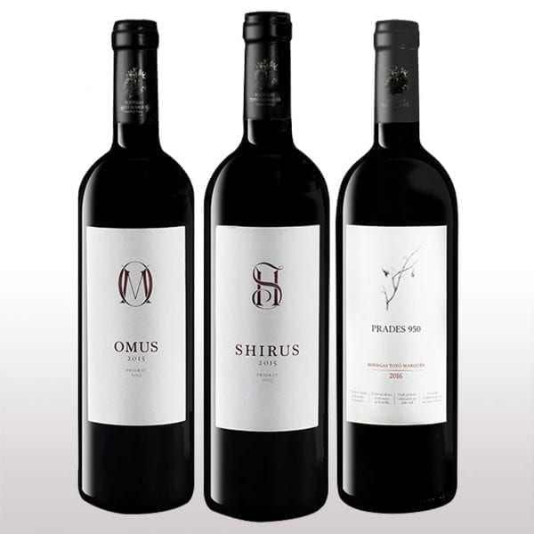 Cata Vertical de Vino Tinto Priorat y Prades, Omus 2015, Shirus 2015 y Prades 2016, 12 meses en barrica, 3 botellas de 75 Cl, frontal 3 gris