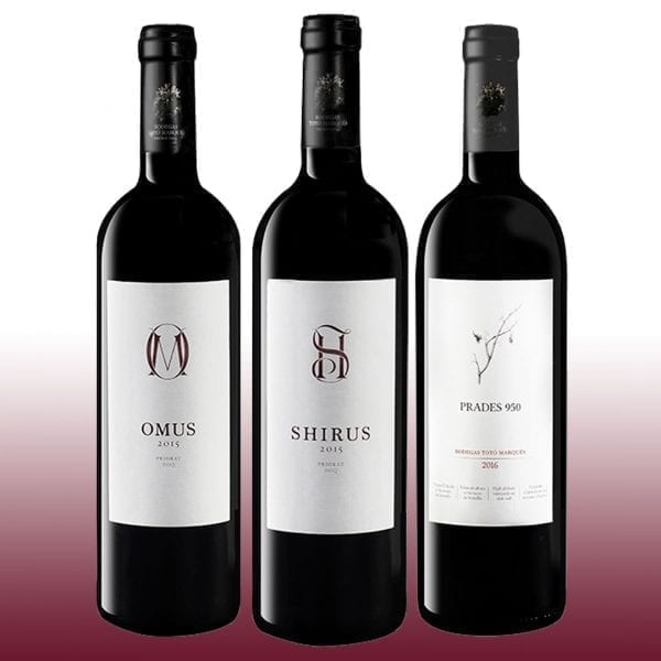 Cata Vertical de Vino Tinto Priorat y Prades, Omus 2015, Shirus 2015 y Prades 2016, 12 meses en barrica, 3 botellas de 75 Cl, frontal 3 tinto