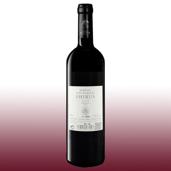 Priorat, Shirus 2015, Vino Tinto, 15% Vol., Bodegas Totó Marqués, Uvas utilizadas: Syrah, 12 meses en barrica, 3 botellas de 75 Cl, 05